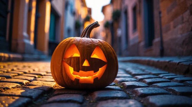 Glowing carved jack-o'-lantern on cobblestone street during twilight showcasing detailed expressions warm orange light illuminating textured surfaces in a quaint urban setting