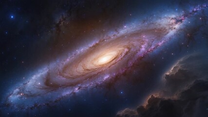 Vibrant spiral galaxy glowing in deep space showcasing swirling patterns of luminous stars and cosmic clouds against a dark backdrop with rich hues of purple and blue. - Powered by Adobe