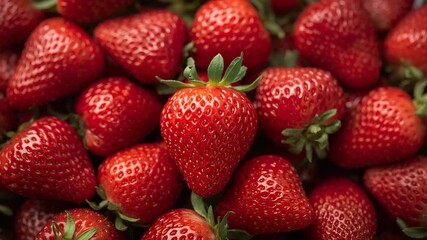 Close-up of vibrant red strawberries arranged in a pile with green leaves illuminated by soft natural light showcasing rich textures and glossy skin throughout the video sequence