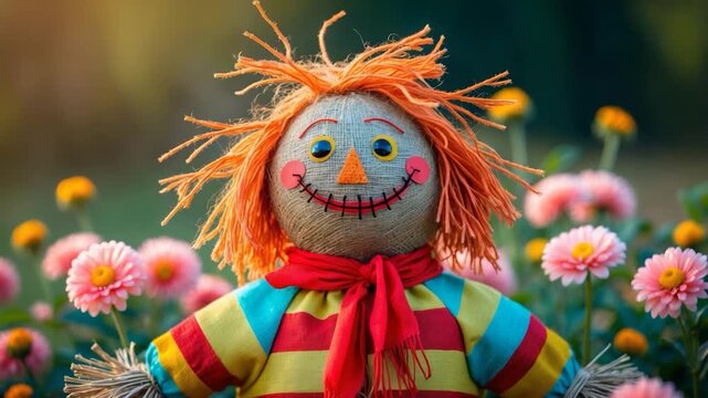 Colorful straw scarecrow with bright orange hair and happy face standing in a flower garden surrounded by pink blooms under soft natural light showcasing vibrant colors and textures