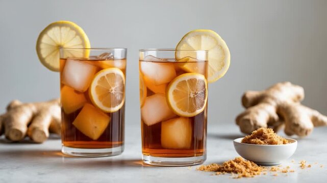 Refreshing iced tea with lemon slices and ginger served in clear glasses with ice cubes on a light gray countertop featuring brown sugar and ginger roots in the background illuminated by soft natural