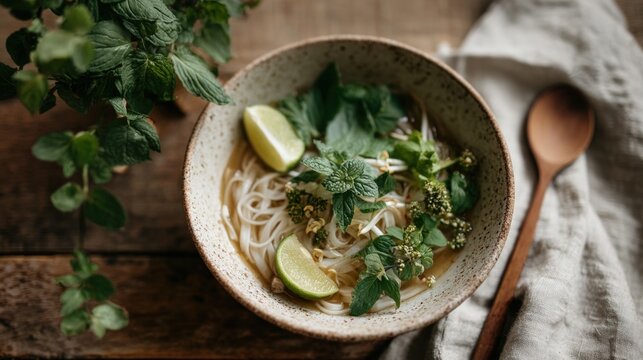 Bowl of noodles with a variety of ingredients in it. the bowl is made of ceramic and is placed on a wooden table. the noodles are white and appear to be thin and fluffy. - Powered by Adobe