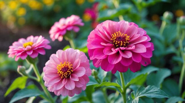 Vibrant close-up of pink and purple zinnia flowers blooming in a sunny garden with soft natural light enhancing the colorful petals and lush green leaves in a garden setting