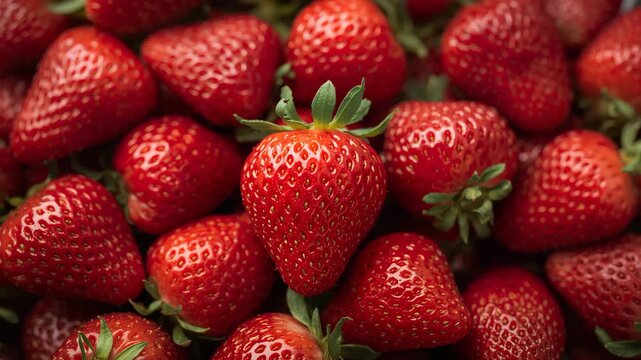 Close-up of vibrant red strawberries arranged in a pile with green leaves illuminated by soft natural light showcasing rich textures and glossy skin throughout the video sequence