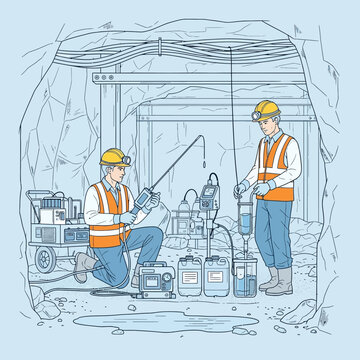 Two environmental scientists in safety gear collecting and analyzing groundwater samples in an underground mine tunnel.