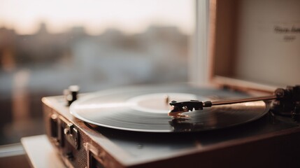 Obraz premium Old-fashioned turntable with a vinyl record on it. the record player is placed on a wooden table in front of a window with a view of a city skyline in the background.