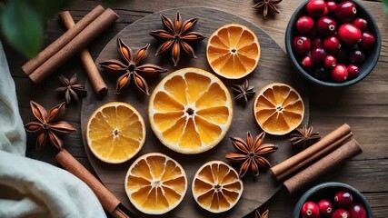 Top-down view of vibrant orange citrus slices artfully arranged with star anise cinnamon sticks and red cranberries on a wooden platter with soft natural lighting enhancing warm colors and textures - Powered by Adobe