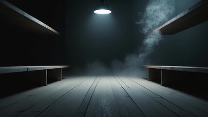 Dark minimalistic room with wooden shelves and smoke drifting under a spotlight showcasing gradual fog dispersion and a serene wooden floor with subtle light reflections