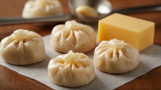 Steamed dumplings arranged on parchment paper beside a block of cheese with soft warm lighting accentuating the textures and details of the fluffy dough and rich flavors