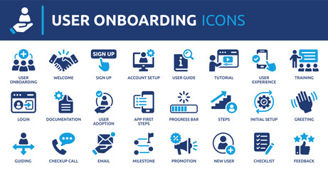 Fototapeta na wymiar User onboarding solid vector icon collection, welcome, sign up, user guide, tutorial, UX, login and more.