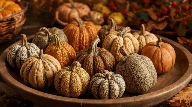 Close-up of a wooden platter filled with a variety of decorative pumpkins in different shapes and colors surrounded by autumn foliage and warm natural light
