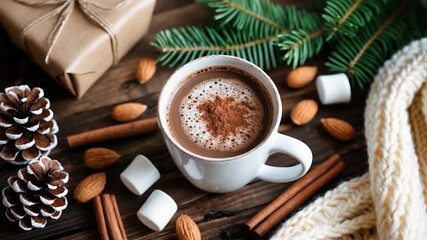 Close-up of a steaming cup of hot chocolate topped with cocoa powder surrounded by cinnamon sticks marshmallows almonds pine cones and lush green pine branches on a rustic wooden table - Powered by Adobe