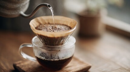 Glass coffee dripper being poured into a glass cup on a wooden tray. the dripper is made of paper and is placed on top of a glass mug.