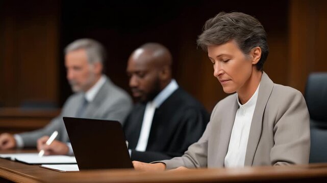 Panel of professional jurors sitting in a courtroom with law books, evidence files, and laptops, carefully reviewing witness testimonies and exhibits, highlighting impartial decision-making,