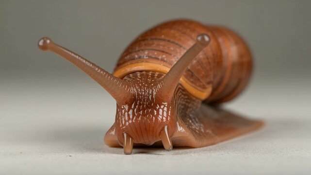 Close-up of a brown snail crawling slowly across a smooth gray surface with detailed textures and warm natural lighting capturing its shell and body in a calm indoor setting