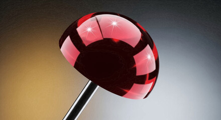 Red and black segmented sphere on a metallic rod, abstract gradient art