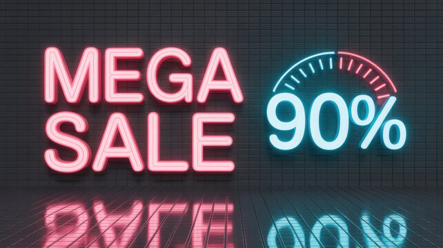 mega sale with 90 percent off neon sign on a dark brick wall - Powered by Adobe