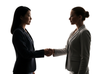 Professional businesswomen shaking hands, showing partnership.