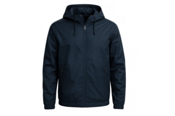 Navy blue windbreaker jacket with hood, front zip closure and pockets, presenting casual outerwear apparel