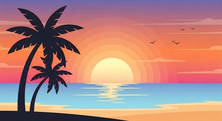 Obraz premium Stylized Tropical Sunset with Palm Trees and Radiant Sky Reflection.