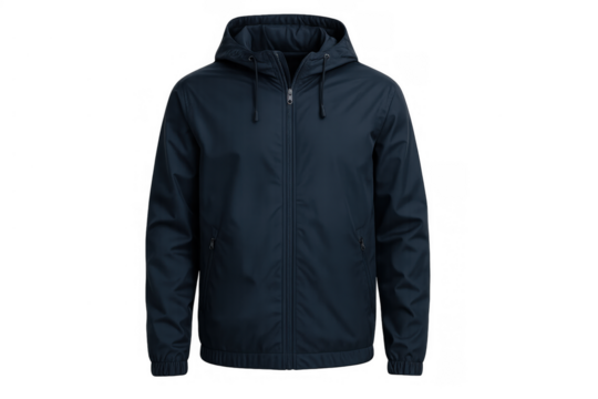 Navy blue windbreaker jacket with hood, front zip closure and pockets, presenting casual outerwear apparel