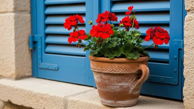 Vibrant red geraniums blooming on rustic windowsill in gentle breeze
