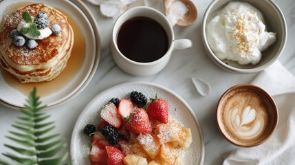 Breakfast spread on a white marble countertop. on the left side of the image, there is a stack of pancakes with blueberries and whipped cream on top.