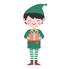 Cute elf holding gift box. Christmas and new year vector illustration.
