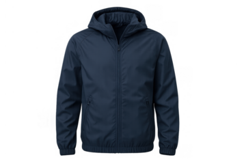 Navy blue windbreaker jacket with a hood and zipper, simple outerwear apparel for casual wear, cutout on transparent background