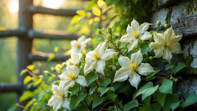 Close-up view of vibrant white clematis flowers blooming against a rustic wooden fence in warm natural light showcasing green leaves and soft textures in an outdoor garden setting