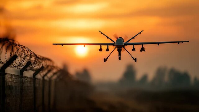 A silhouette drone flies across a vibrant sunset sky near a fence with barbed wire