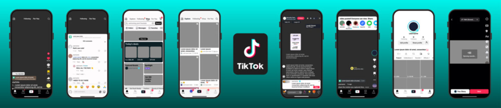 TikTok Mobile Mockup & TikTok iPhone Frame Template Pack &mdash; a clean TikTok-style set featuring feed screen, comments page, shop layout, explore grid, creator post page, profile screen
