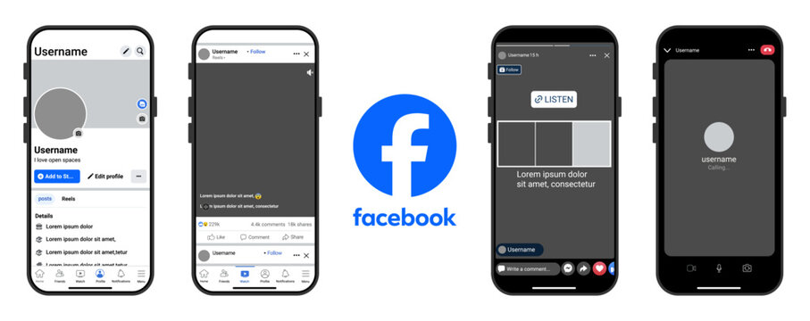 Facebook Mobile Mockup & Facebook iPhone Frame Template Pack &mdash; a clean Facebook-style set featuring profile page, reels/video post, stories layout, and call screen for social media creators