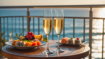 Elegant morning brunch setting featuring two flutes of sparkling wine on a round wooden table with fresh fruits and assorted sushi overlooking a serene ocean view in soft natural light.