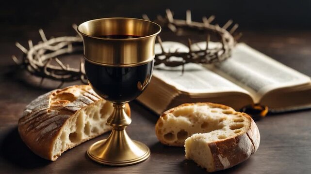 Close-up of a golden chalice filled with dark liquid surrounded by pieces of crusty bread an open book and a crown of thorns captured in warm soft lighting on a wooden surface.