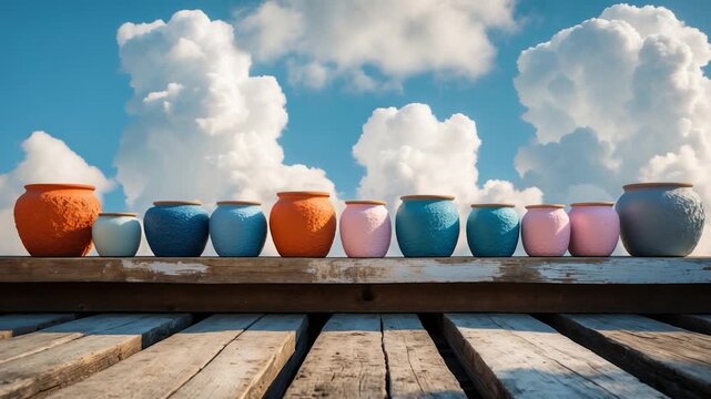 Colorful ceramic pots arranged in a row on a wooden surface under a bright blue sky with fluffy clouds showcasing a gradual color transition from warm orange to cool blue and pink hues