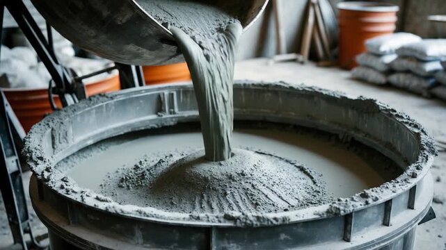 Concrete mixture being poured into a large mixing tub in a construction environment with visible gray texture and soft natural lighting showcasing the pouring process and surrounding bags of material.