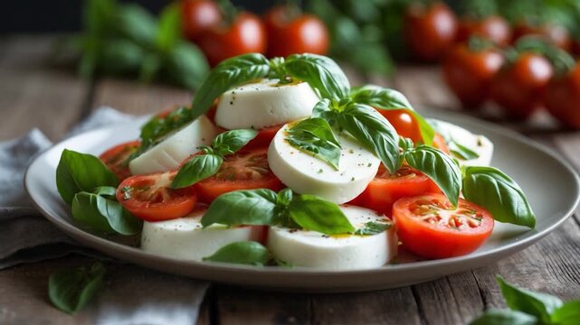 Fresh mozzarella and tomato salad topped with organic basil leaves arranged on a ceramic plate with vibrant red tomatoes and green herbs captured in soft natural light on a rustic wooden table