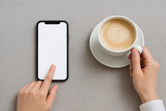 Person using smartphone with blank screen while holding coffee cup on light fabric surface, minimalist workspace concept, top view composition.. Ai generative