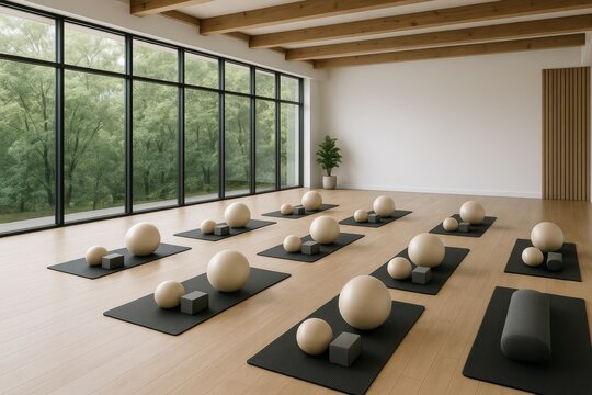 Modern yoga studio with natural light and arranged mats, balls, and blocks in a peaceful minimalist interior with wooden ceiling and forest view windows. Ai generative