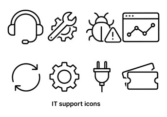 It support icons set: minimalist symbols for technical services and online assistance