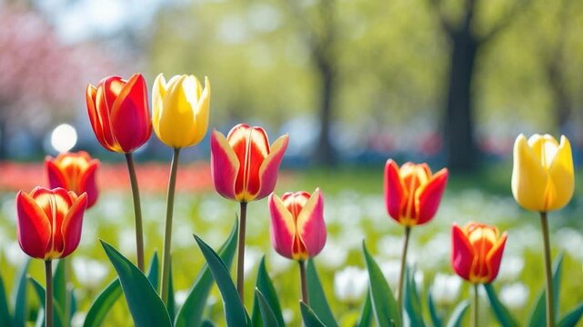 Vibrant close-up of blooming tulips in a colorful garden during bright daytime showcasing red and yellow petals against a blurred background of greenery and soft natural light.