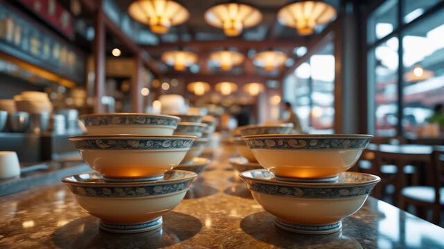 Stacked ceramic bowls with intricate patterns placed on a glossy countertop in a warm-lit caf&eacute; setting showcasing vibrant lighting and rich textures throughout the scene