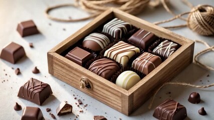 Assorted gourmet chocolates in a wooden box with intricate designs arranged on a light surface captured in bright soft natural light showcasing various shapes and textures