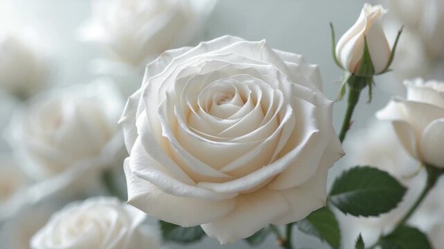 Close-up of a blossoming white rose unfolding petals in soft natural light with a blurred background of additional white roses showcasing textures and details