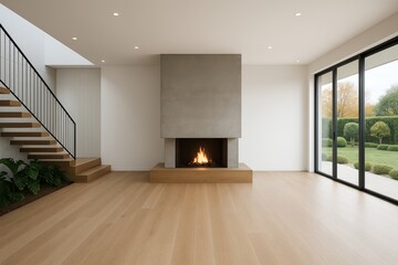 Modern minimalist living room with wooden flooring, concrete fireplace, open staircase, and large glass doors opening to a landscaped garden view. Ai generative