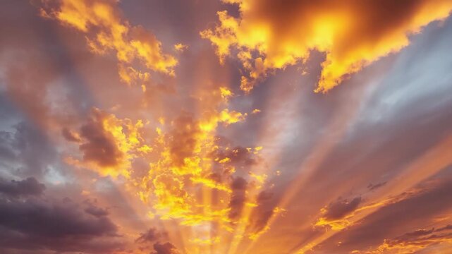 Expansive view of a dramatic sunset with vibrant orange and yellow rays breaking through dark storm clouds highlighting a dynamic sky transition from day to night over a vast horizon