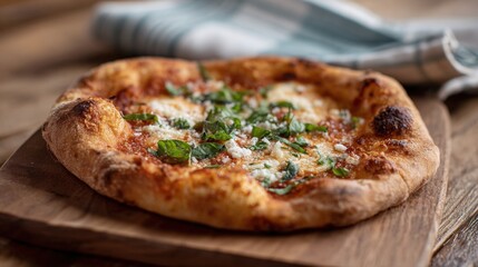 Freshly baked pizza on a wooden cutting board. the pizza has a golden brown crust and is topped with melted cheese and fresh basil leaves.