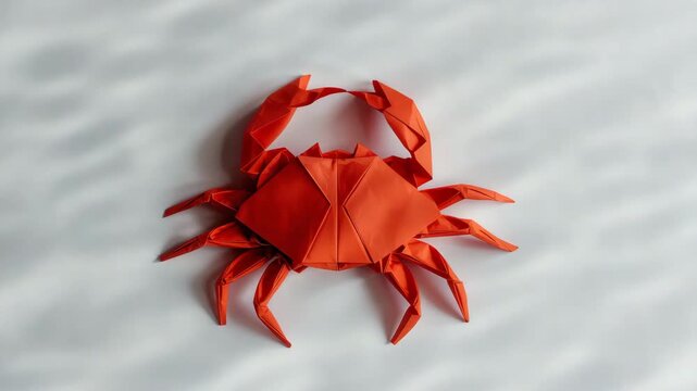 Close-up view of a vibrant orange origami crab with intricate folded details set against a minimal gray background showcasing refined texture and bright color captured in sequential phases.