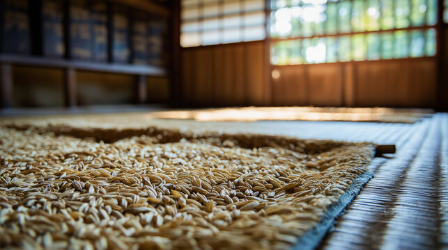 foolishness. Barley grains drying on a mat under soft, natural sunlight. menu design, packaging mockups, designed for culinary blogs and recipe cards for restaurants, used by account managers.